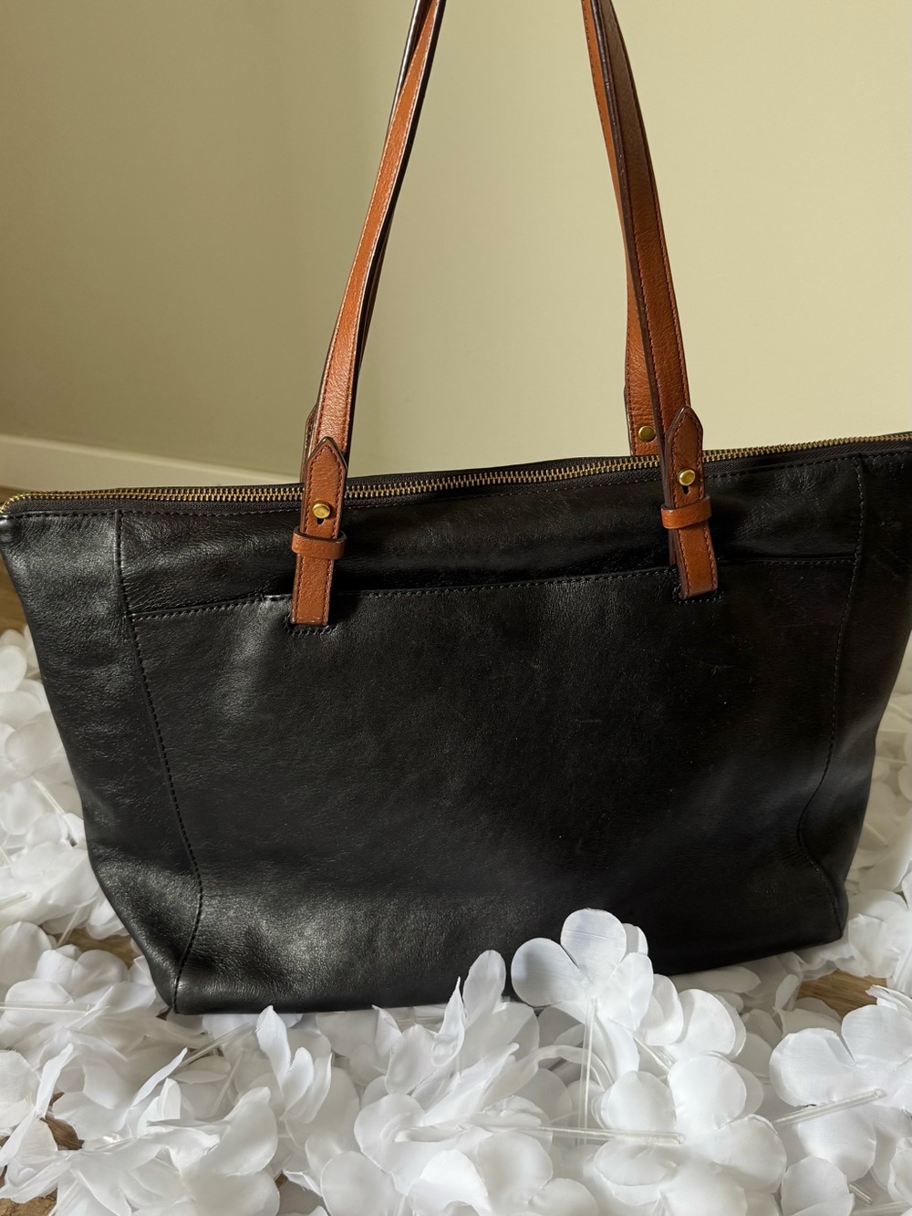 Fossil Black Leather Tote with Tan Straps